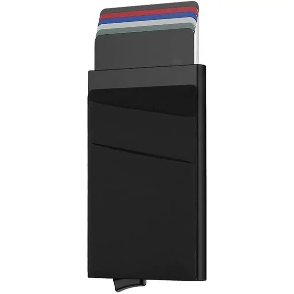 Valkyrie Premium Slim Metal Otomatik Kartlık – RFID Korumalı, Mekanizmalı, 10+ Kart Kapasiteli Siyah ürün görseli 1