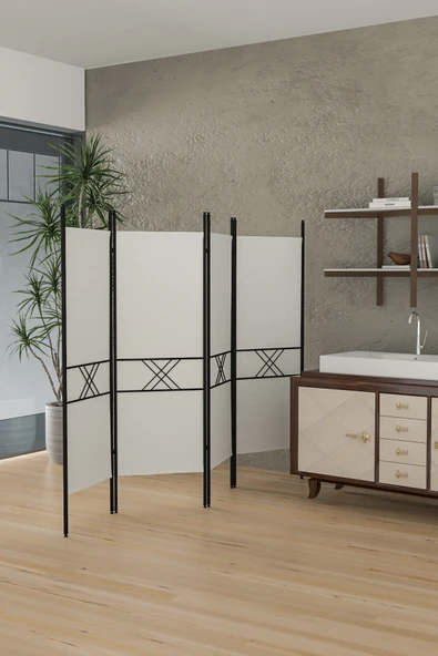 Retodesign 4 KANATLI BEYAZ PARAVAN 1444B - Resim 3
