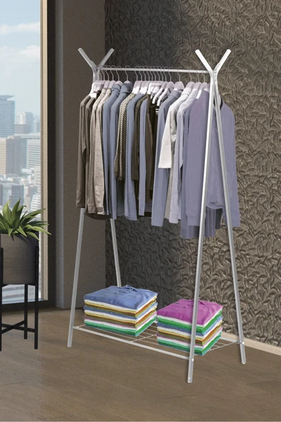 Retodesign Retohome Ayaklı Raflı Konfeksiyon Askısı Beyaz ürün görseli 1