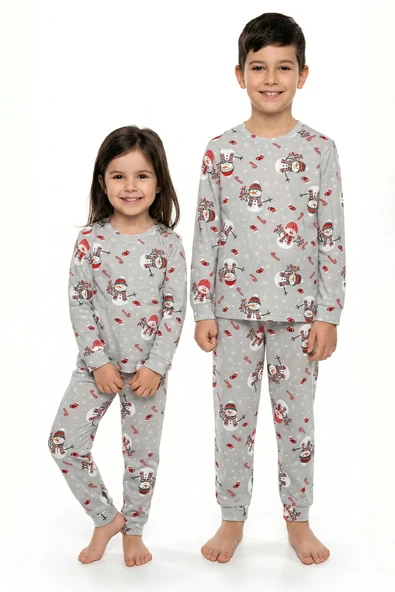 Unisex Yılbaşı Temalı Cute Kardan Adam Desenli Çocuk Pijama Takımı ürün görseli 1