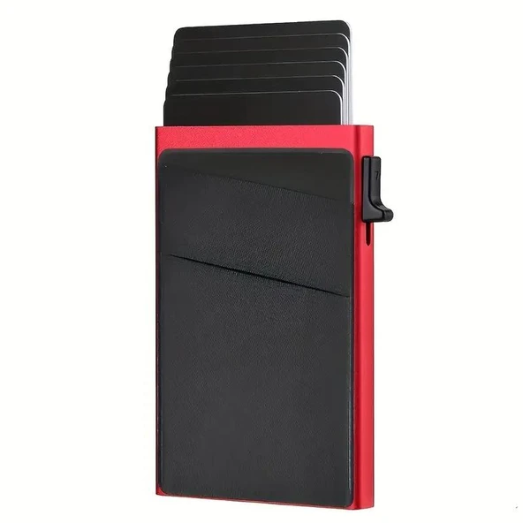 Valkyrie Premium Slim Metal Otomatik Kartlık – RFID Korumalı, Mekanizmalı, 10+ Kart Kapasiteli Kırmızı ürün görseli 1