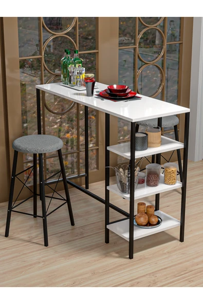 Retodesign RETODESİGN BEYAZ RAFLI YUVARLAK TABURELİ BAR TAKIMI 4651A ürün görseli 1