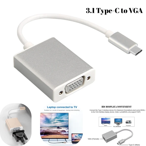 Type-C 3.1 - VGA Adaptör Dönüştürücü 1080P | Monitör, TV, Projeksiyon Uyumlu ürün görseli 1