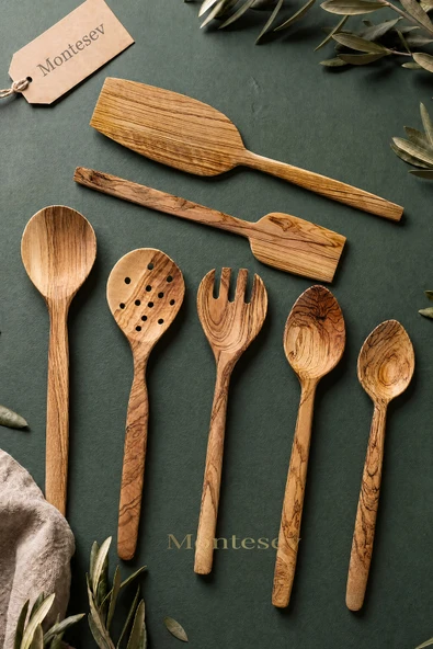 Zeytin Ağacı Ahşap Tahta Kaşık Çatal Kevgir Spatula Seti ( Zeytin Ağacı ) Ağaç Kaşık 7 Li Set ürün görseli 1