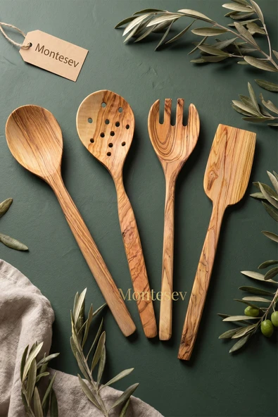 Zeytin Ağacı Ahşap Tahta Kaşık Çatal Kevgir Spatula Seti ( Zeytin Ağacı ) Ağaç Kaşık 4 Lü Set ürün görseli 1