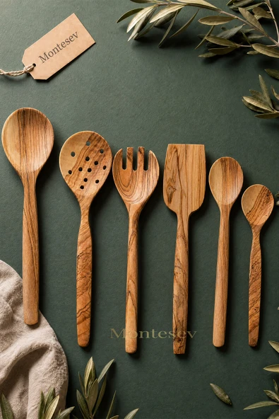 Zeytin Ağacı Ahşap Tahta Kaşık Çatal Kevgir Spatula Seti ( Zeytin Ağacı ) Ağaç Kaşık 6 Lı Set ürün görseli 1