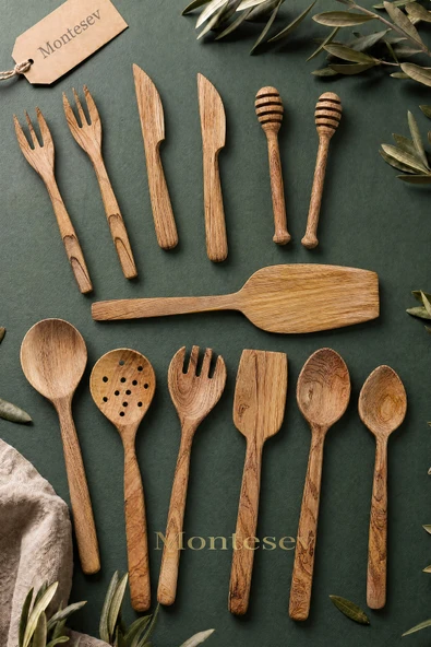 Zeytin Ağacı Ahşap Tahta Kaşık Çatal Bıçak Bal Kaşık Spatula Kevgir Seti Ağaç Kaşık 13 Lü Set ürün görseli 1