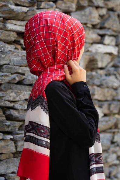 %100 İpek Etnik Desenli Kırmızı - Krem Renkli 92x210 Şal ürün görseli 1