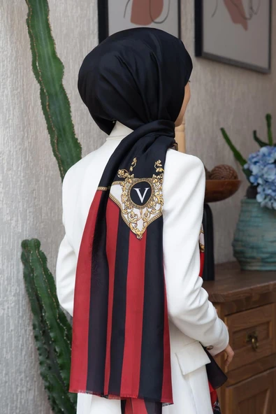 %100 İpek Şerit Ve Varak Desenli Kırmızı - Siyah Renkli 92x210 Şal ürün görseli 1