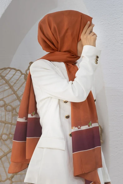 %100 İpek Çiçek Desenli Taba Renkli 92x210 Şal ürün görseli 1