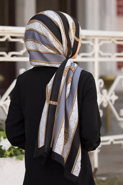 100% İPEK KEMER DESENLİ FÜME - SİYAH RENKLİ ŞAL ürün görseli 1