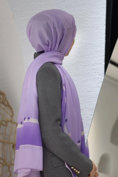 %100 İpek Çiçek Desenli Lila Renkli 92x210 Şal ürün görseli 1