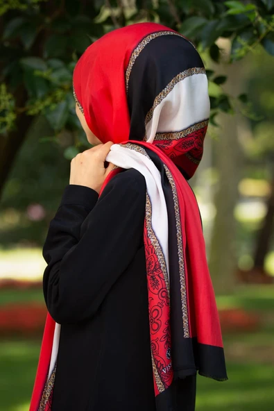 %100 İpek Çizgili Desenli Kırmızı - Siyah Renkli 92x210 Şal ürün görseli 1