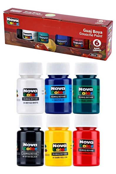 Guaj Boya 6 Renk 30 ml 1 Paket Nova Color Guaj Boya Seti 6 lı Su Bazlı Şişe Canlı Renkler Resim Okul ürün görseli 1