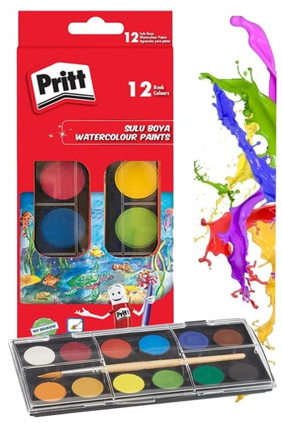 12 Renk Sulu Boya 1 Paket Fırça Hediyeli 12 li Pritt Suluboya Canlı Renkler 28 mm Boya Çapı Büyük Boy ürün görseli 1