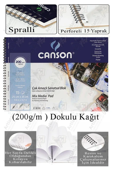 Çok Amaçlı Sanatsal Blok 25x35 cm 200 gr 15 Yaprak 1 Adet Canson Resim Defteri Akrilik Yağlı Guaj Keçeli Sulu Boya ürün görseli 1