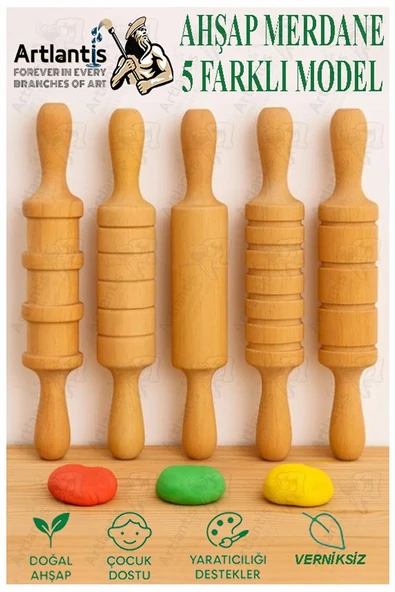 Ahşap Merdane Seti 5 li 1 Paket Oyun Hamuru Şekillendirici ve Gıda İçin Uygun Naturel Merdane Seti 17 cm ürün görseli 1