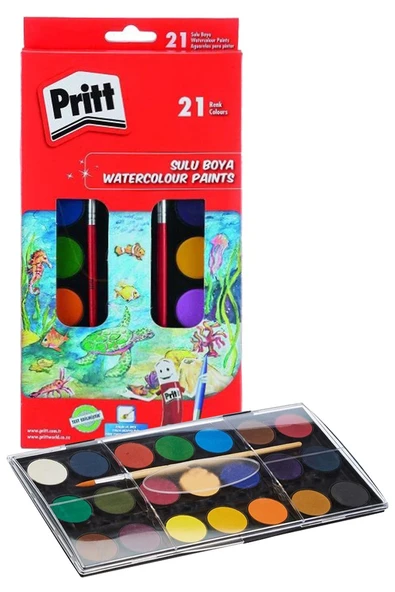 21 Renk Sulu Boya 1 Paket Fırça Hediyeli 21 li Pritt Suluboya Canlı Renkler 28 mm Boya Çapı Büyük Boy ürün görseli 1