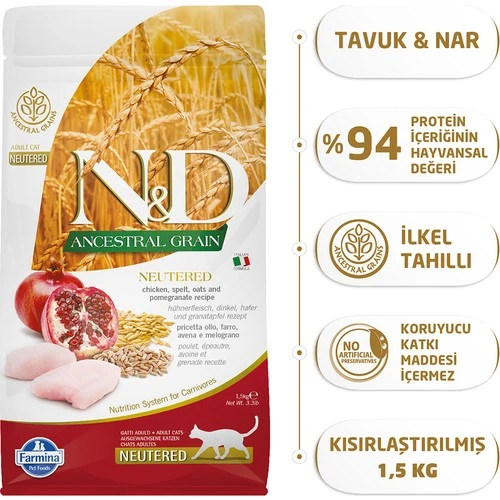 Nd Az Tahıllı Tavuklu Kısırlaştırılmış Kedi Maması 1,5 Kg ürün görseli 1