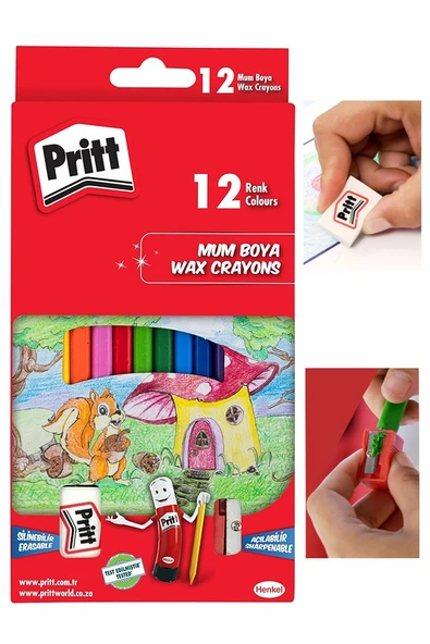 Mum Boya 12 Renk 1 Paket Karton Kutulu Pritt 12 li Mum Boya Kalemi Silinebilir Zararsız Yıkanabilir ürün görseli 1