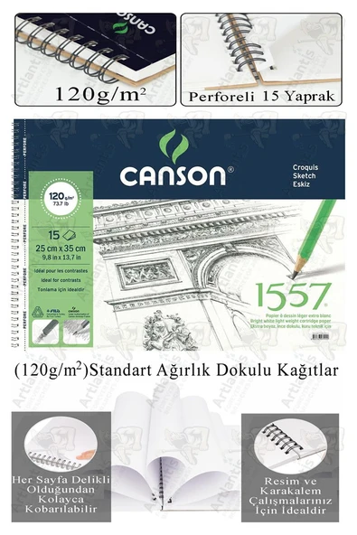 Telli Eskiz Defteri Canson 1557 25x35 cm Spiralli 15 Yaprak 1 Adet 120 gr Karakalem Sketch Resim Guaj Sulu Pastel ürün görseli 1