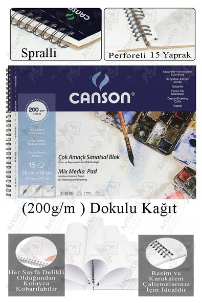 Çok Amaçlı Sanatsal Blok 35x50 cm 200 gr 15 Yaprak 1 Adet Canson Resim Defteri Akrilik Yağlı Guaj Keçeli Sulu Boya ürün görseli 1