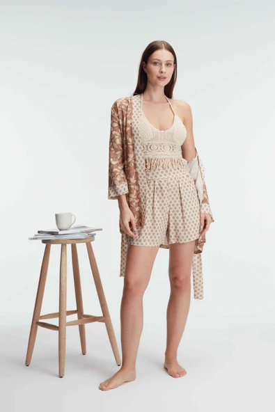 MAN5831 Anıl 5831 İp Askılı V Yaka Kadın Cotton Çiçek Desenli Yazlık Dokuma Mini Pijama Takımı Sabahlık ürün görseli 1