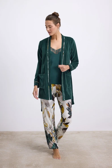 Anıl Kadın Kadife Sabahlık, Dantelli Atlet ve Desenli Pantolon Pijama Takım 11554 ürün görseli 1