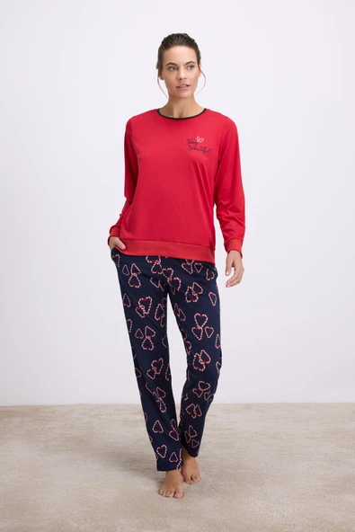 Anıl Kadın Uzun Kol Sweatshirt ve Kalpli Pantolon Pijama Takımı Şık ve Rahat Ev Giyimi 11583 ürün görseli 1