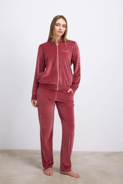 Anıl Kadın Kadife Dokulu Fermuarlı Uzun Kollu Sweatshirt ve Pantolon Takım (11560) ürün görseli 1