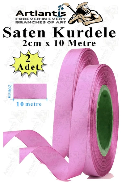 Pembe Kurdele Saten 2 Cm 10 Metre 2 Adet Saten Kurdela Parlak Hediye ve Süsleme Şeridi Süs Paketleme Çiçek Saç El ürün görseli 1