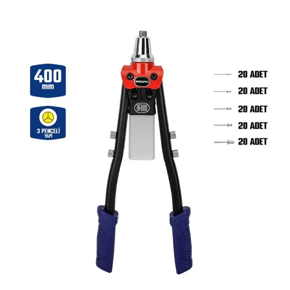 WORKPRO WP225001 5 IN 1 400mm Kollu Profesyonel Perçin Tabancası + 100 Adet Perçin ürün görseli 1