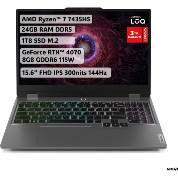 Lenovo LOQ 15ARP9 83JC00F6TR Ryzen 7 7435HS 24 GB 1 TB SSD RTX4070 15.6" Full HD Gaming Laptop - OUTLET ürün görseli 1