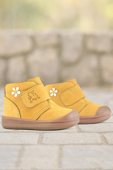 Rakerplus Yoohoo Hakiki Deri Sarı Cırtlı Papatya Detaylı Unisex Bebek Bot ürün görseli 1