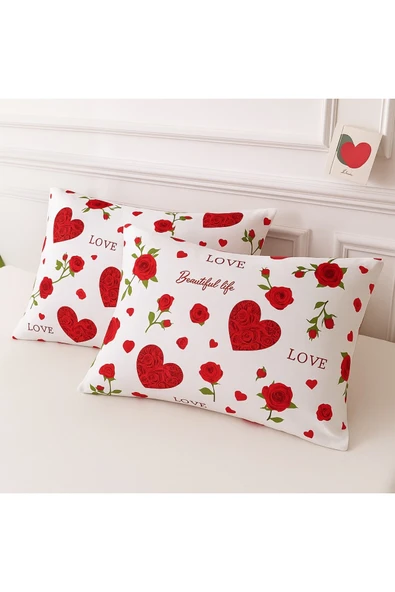 Desenli Pamuklu Kalpli Desen Yastık Kılıfı 2 Adet 50 x 70 cm ürün görseli 1