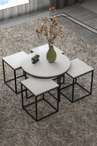 Orta Sehpa Ve Zigon Sehpa Oval Lüx 5'Li Set Beyaz ürün görseli 1
