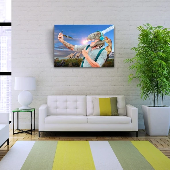 Mavi Tonlarda Dinazor Başlı Adam Resmi Kanvas Tablo 50 x 70 ürün görseli 1