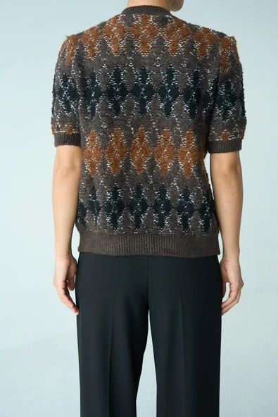 Kısa Kollu Argyle Desenli Triko Hırka - Resim 4