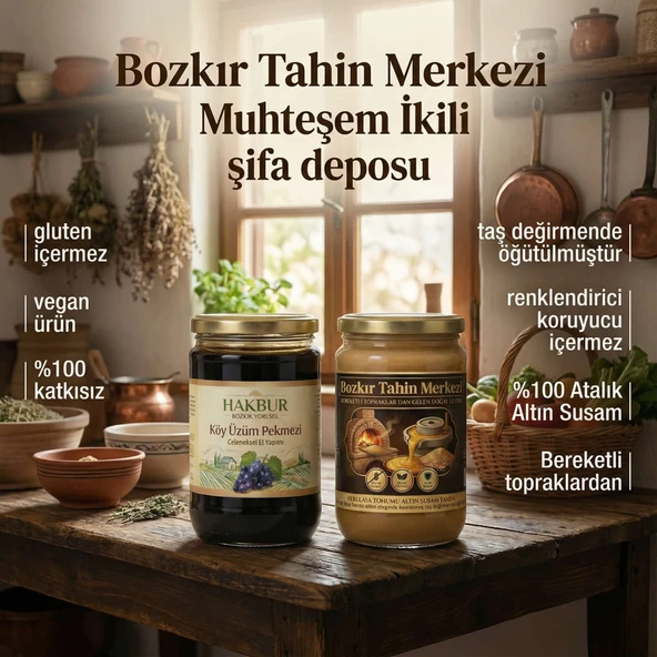 Bozkır Tahin Merkezi Muhteşem İkili Altın Susam Kavrulmuş Tahin 600gr-Köy Üzüm Pekmezi 800 (doğal&katkısız) ürün görseli 1