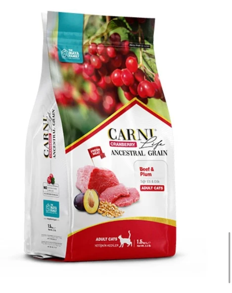 Carni Life Kızılcıklı, Biftek Etli & Erikli Yetişkin Kedi Maması (1,5 kg) ürün görseli 1
