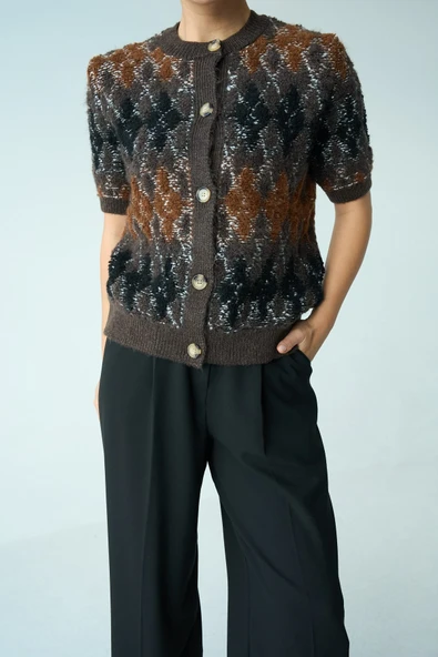 Kısa Kollu Argyle Desenli Triko Hırka - Resim 3