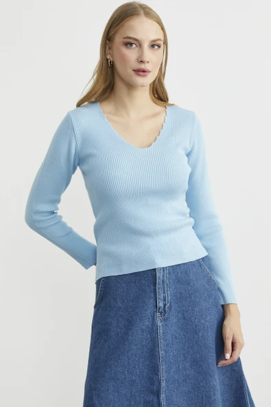Fitilli Basic V Yaka Triko Kazak - Mavi - Resim 5