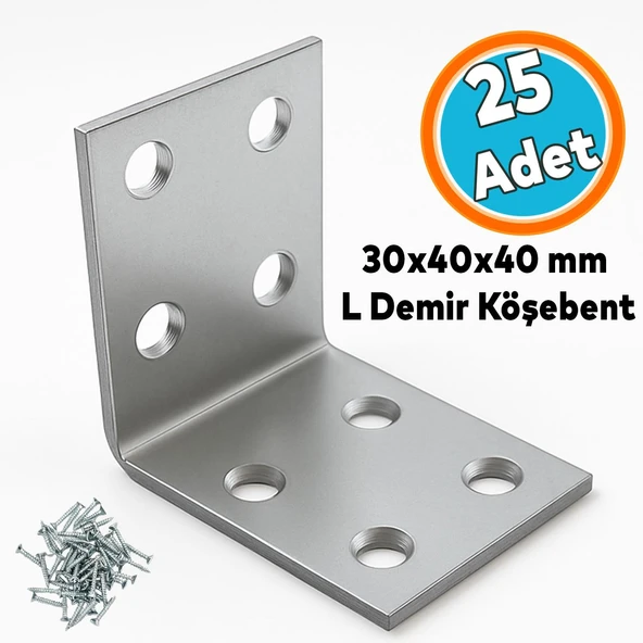 (25 Adet) Metal Köşebent L Demiri 30x40x40 mm Mobilya Duvar Sabitleme Gönye Bağlantı Aparatı ürün görseli 1