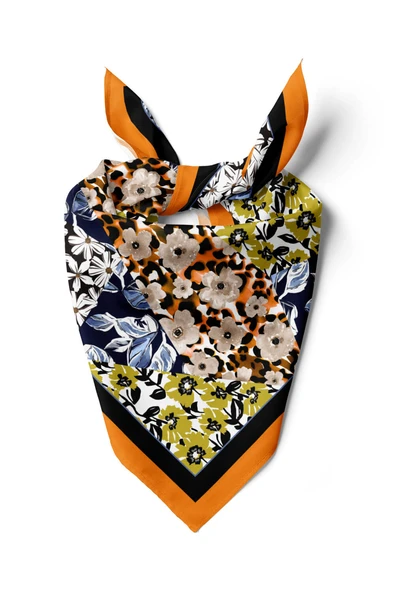 H47 Kadın Sarı Mavi Çiçek Desenli 50x50 Bandana HYL DG01631-22 ürün görseli 1