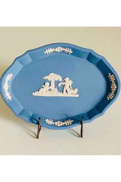 Antika Wedgwood Mavi Jasperware Bisküvi Porselen Mitolojik Melek Desenli Minik Sunum Tabağı Lokumluk/İkramlık ürün görseli 1