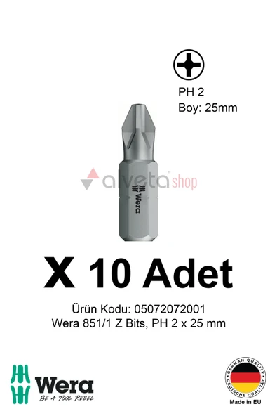 Alveta Wera 851/1 Z PH2 x 25mm Tornavida Ucu 10 Adet | Vidalama Bits Uç Seti Profesyonel Seri ürün görseli 1