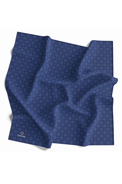 %100 Twill İpek Monogram Desenli İndigo Renkli 90x90 Eşarp Dikim Şekli : El Dikişi ürün görseli 1