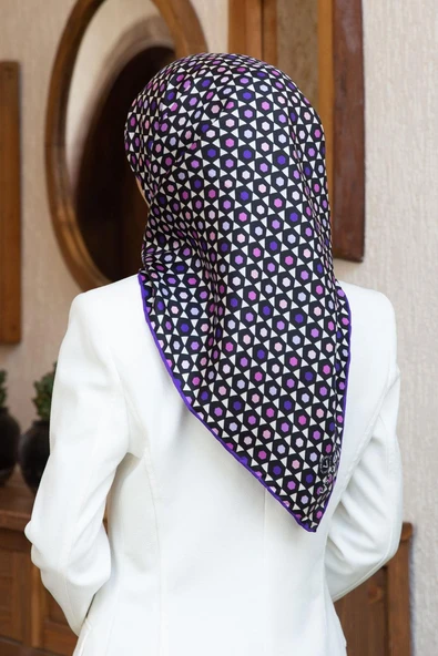 %100 Twill İpek Nokta Desenli Siyah - Mor Renkli 90x90 Eşarp Dikim Şekli : El Dikişi ürün görseli 1