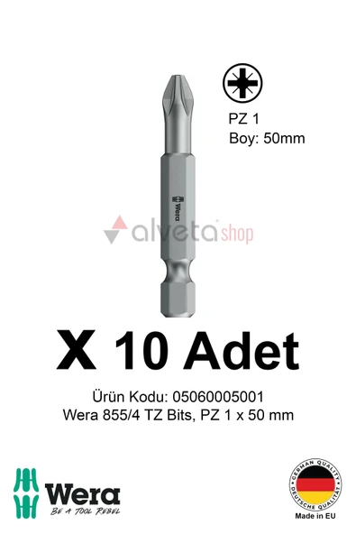 Alveta Wera 855/4 TZ PZ1 x 50mm Tornavida Ucu 10 Adet | Pozidriv Vidalama Bits Seti Profesyonel Seri ürün görseli 1
