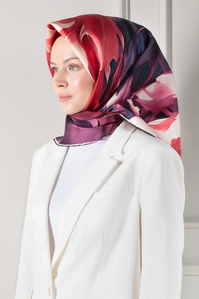 %100 Twill İpek Yaprak Desenli Bordo - İndigo Renkli 90x90 Eşarp Dikim Şekli : El Dikişi ürün görseli 1